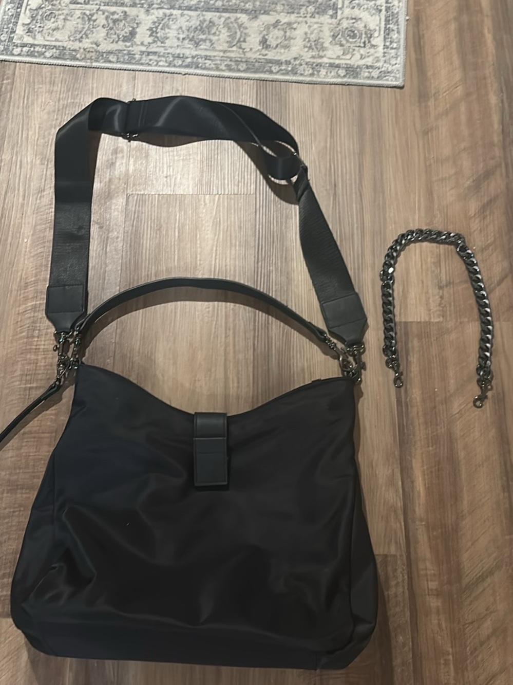 Black Shoulder Hobo Bag with Detachable Chain and Wide Strap